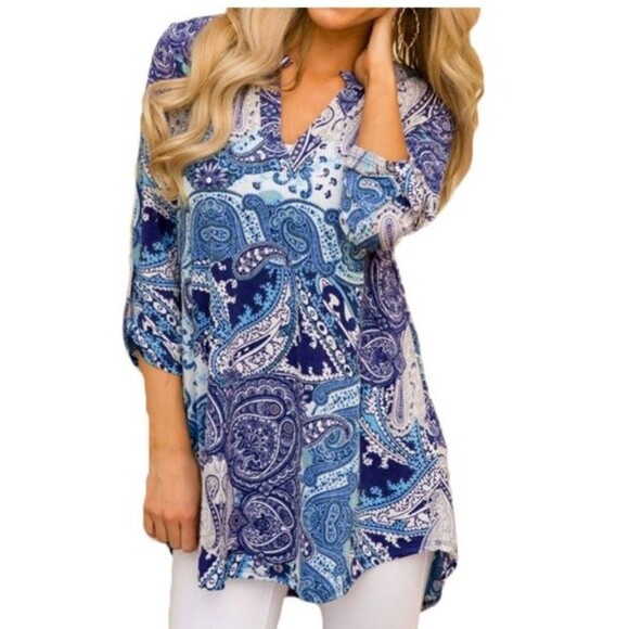 V-Neck Long Sleeve Blue Floral Print Top Sz L - Picture 1 of 4